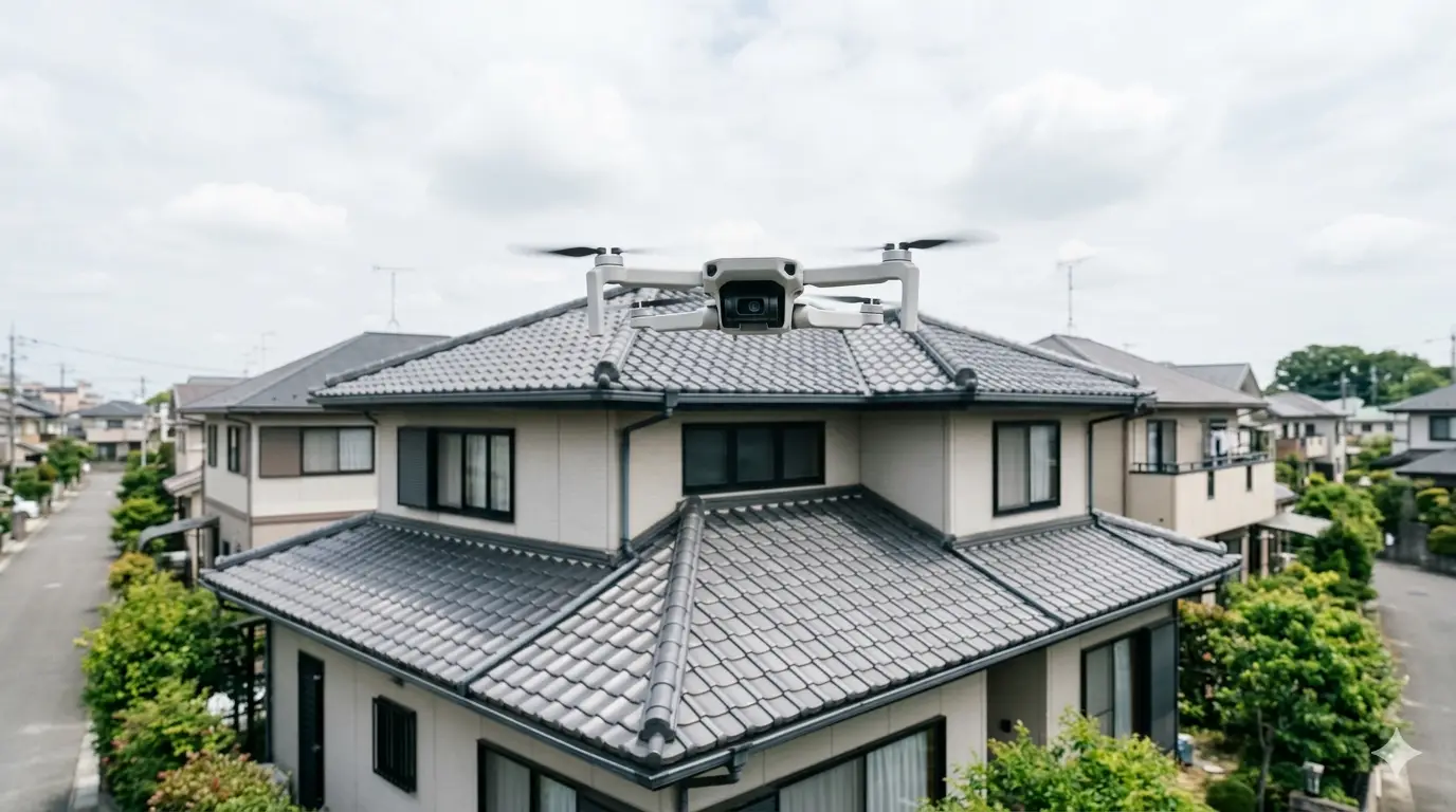 日本の戸建て住宅の屋根上空でホバリングする小型ドローン。屋根に上らず安全に点検する様子。