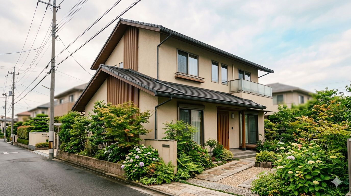 梅雨入り前の日本の住宅街にある戸建て住宅。屋根と雨樋が見える柔らかい曇り空の風景。